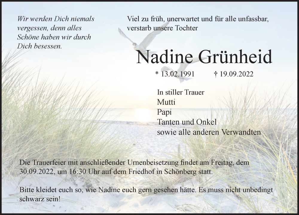  Traueranzeige für Nadine Grünheid vom 28.09.2022 aus Ostsee-Zeitung GmbH