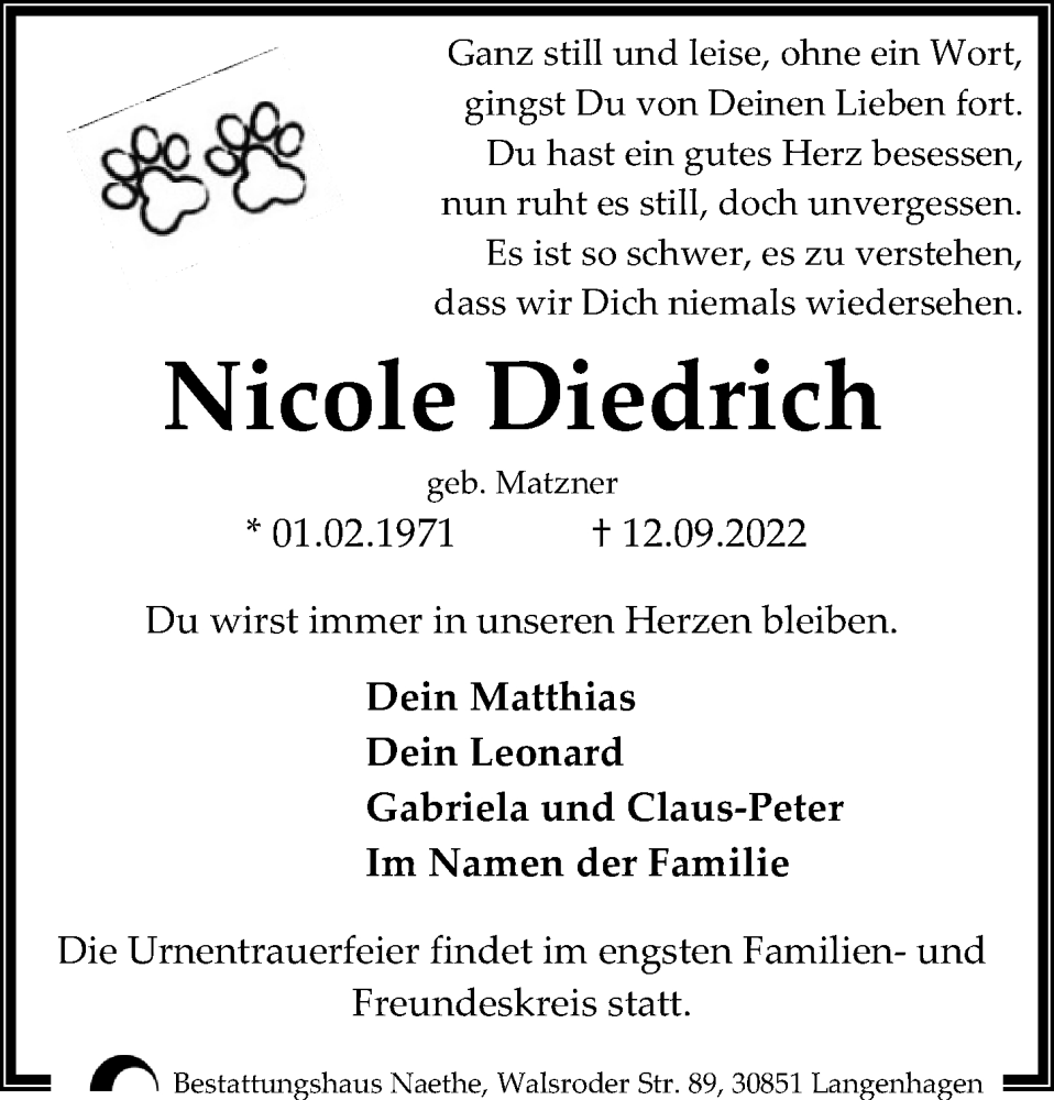  Traueranzeige für Nicole Diedrich vom 17.09.2022 aus Hannoversche Allgemeine Zeitung/Neue Presse