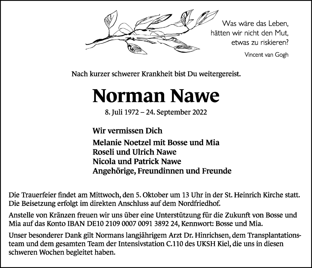  Traueranzeige für Norman Nawe vom 01.10.2022 aus Kieler Nachrichten
