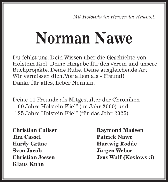 Traueranzeige von Norman Nawe von Kieler Nachrichten