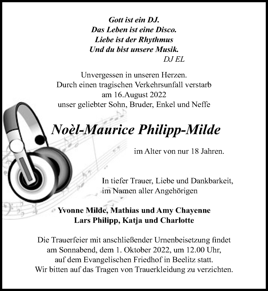  Traueranzeige für Noèl-Maurice Philipp-Milde vom 24.09.2022 aus Märkischen Allgemeine Zeitung