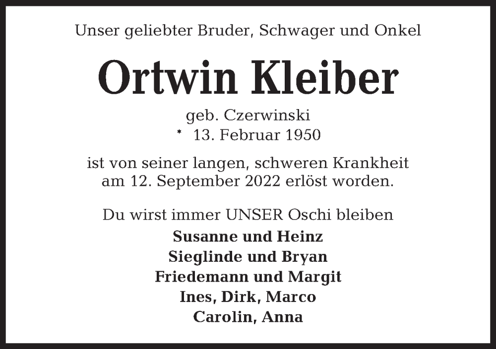  Traueranzeige für Ortwin Kleiber vom 17.09.2022 aus Kieler Nachrichten