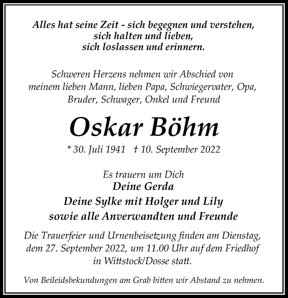  Traueranzeige für Oskar Böhm vom 17.09.2022 aus Märkischen Allgemeine Zeitung