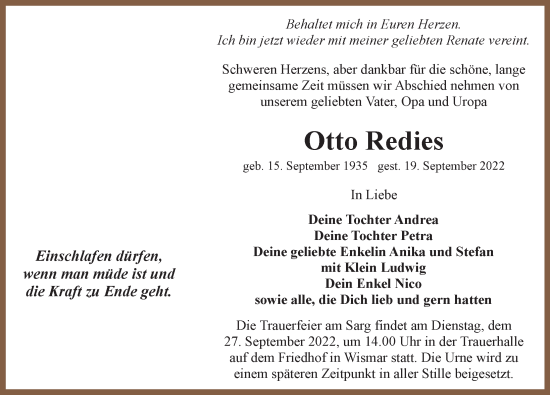 Traueranzeige von Otto Redies von Ostsee-Zeitung GmbH