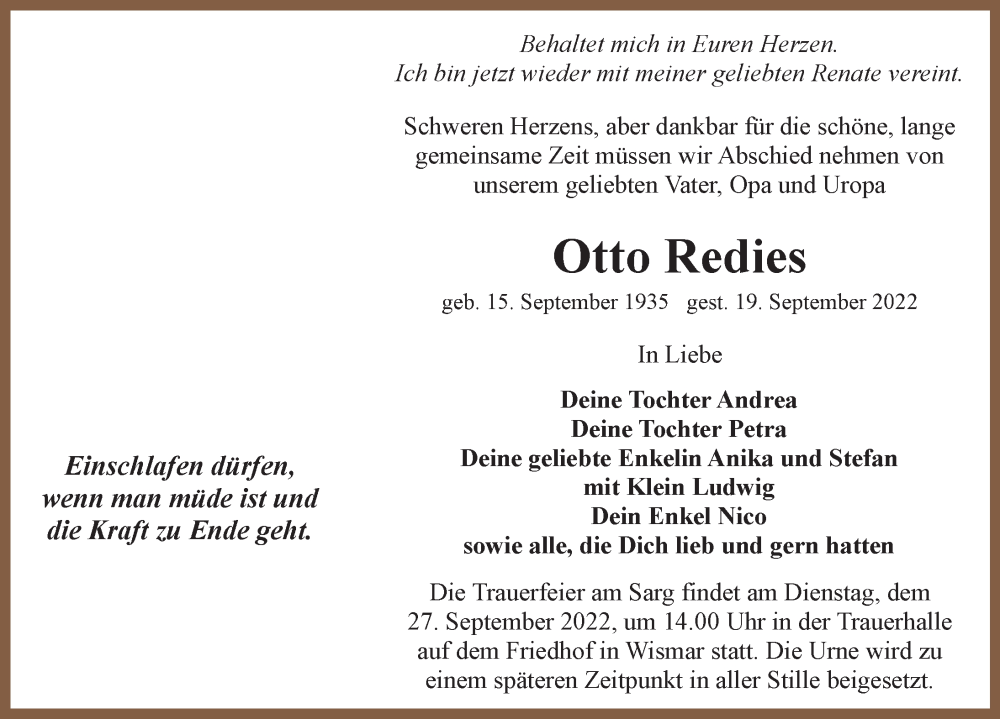  Traueranzeige für Otto Redies vom 24.09.2022 aus Ostsee-Zeitung GmbH