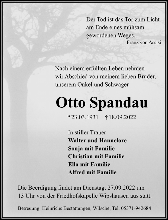 Traueranzeige von Otto Spandau von Peiner Allgemeine Zeitung