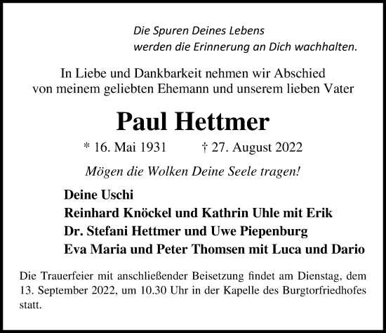 Traueranzeige von Paul Hettmer von Lübecker Nachrichten