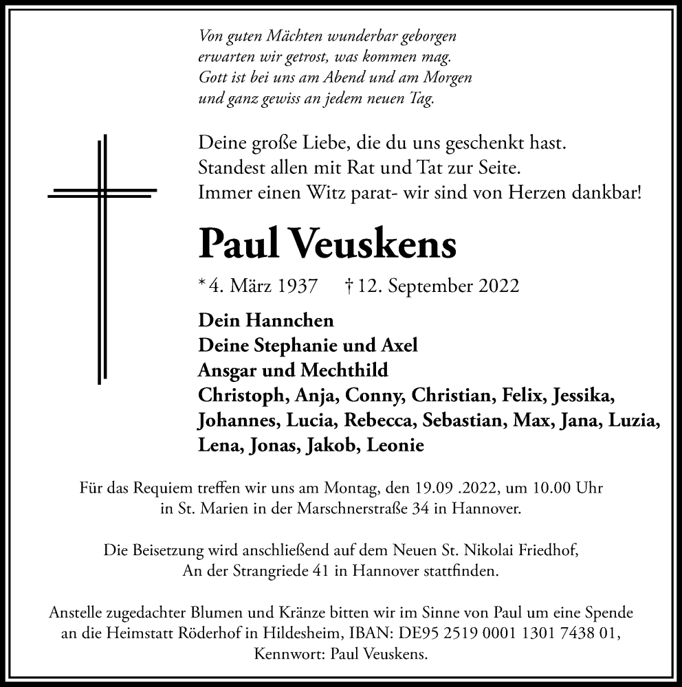  Traueranzeige für Paul Veuskens vom 17.09.2022 aus Hannoversche Allgemeine Zeitung/Neue Presse