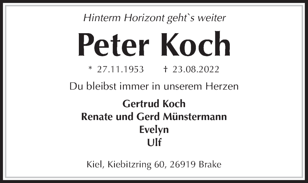  Traueranzeige für Peter Koch vom 17.09.2022 aus Kieler Nachrichten