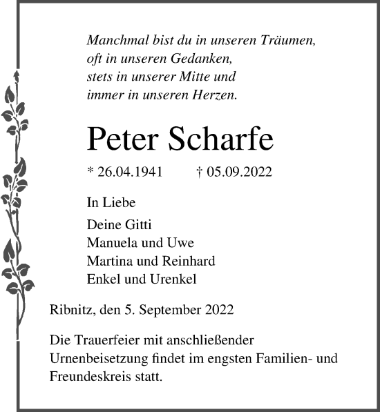 Traueranzeige von Peter Scharfe von Ostsee-Zeitung GmbH