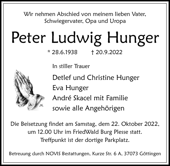 Traueranzeige von Peter Ludwig Hunger von Göttinger Tageblatt