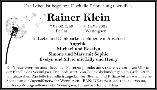 Traueranzeige von Rainer Klein von Hannoversche Allgemeine Zeitung/Neue Presse