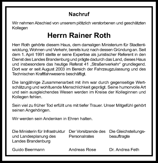 Traueranzeige von Rainer Roth von Märkischen Allgemeine Zeitung