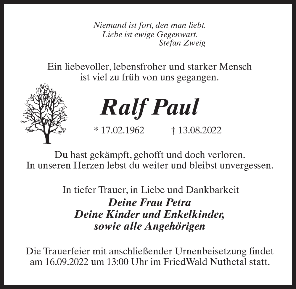  Traueranzeige für Ralf Paul vom 10.09.2022 aus Märkischen Allgemeine Zeitung