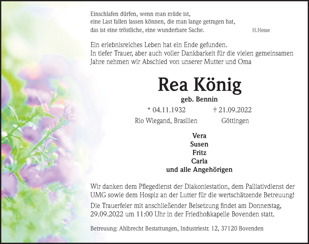  Traueranzeige für Rea König vom 24.09.2022 aus Göttinger Tageblatt