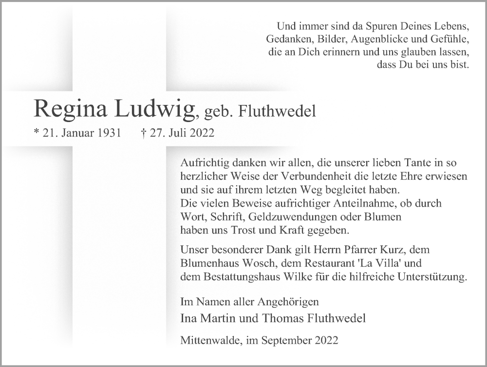  Traueranzeige für Regina Ludwig vom 03.09.2022 aus Märkischen Allgemeine Zeitung
