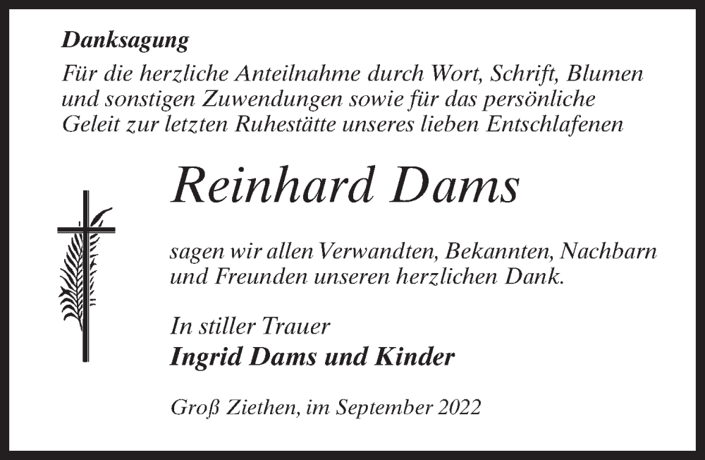  Traueranzeige für Reinhard Dams vom 17.09.2022 aus Märkischen Allgemeine Zeitung