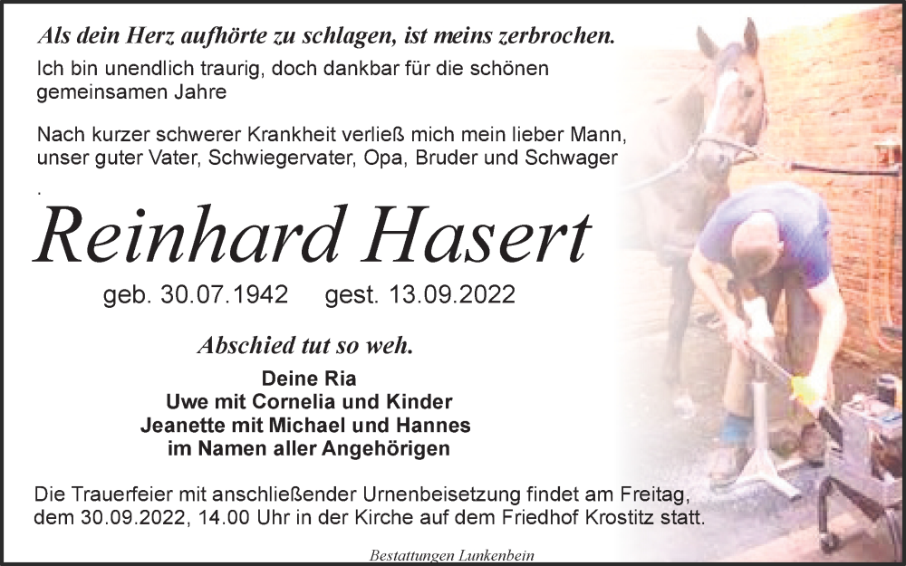  Traueranzeige für Reinhard Hasert vom 17.09.2022 aus Leipziger Volkszeitung