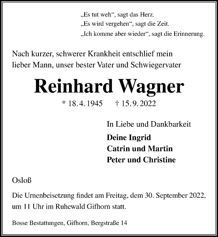  Traueranzeige für Reinhard Wagner vom 27.09.2022 aus Aller Zeitung