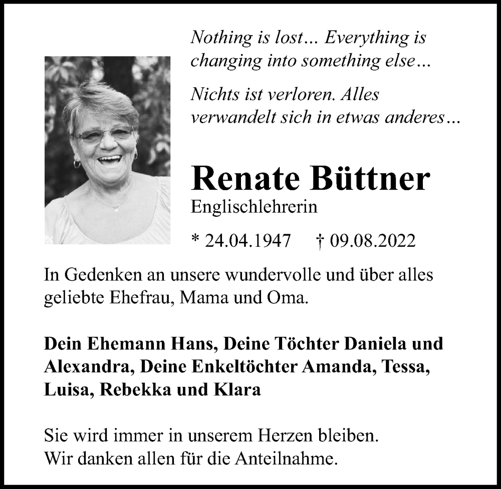 Traueranzeigen von Renate Büttner | trauer-anzeigen.de