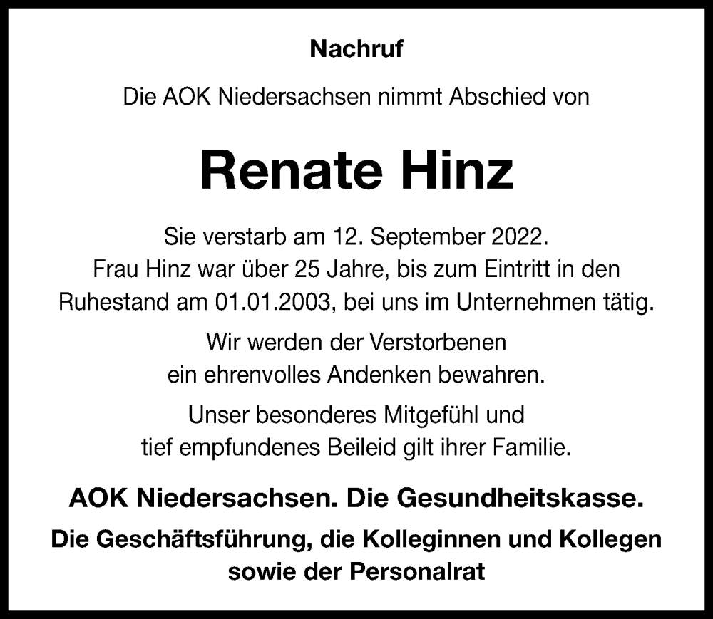  Traueranzeige für Renate Hinz vom 19.09.2022 aus Hannoversche Allgemeine Zeitung/Neue Presse