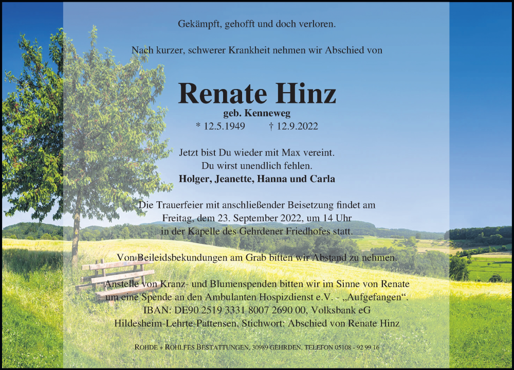  Traueranzeige für Renate Hinz vom 17.09.2022 aus Hannoversche Allgemeine Zeitung/Neue Presse