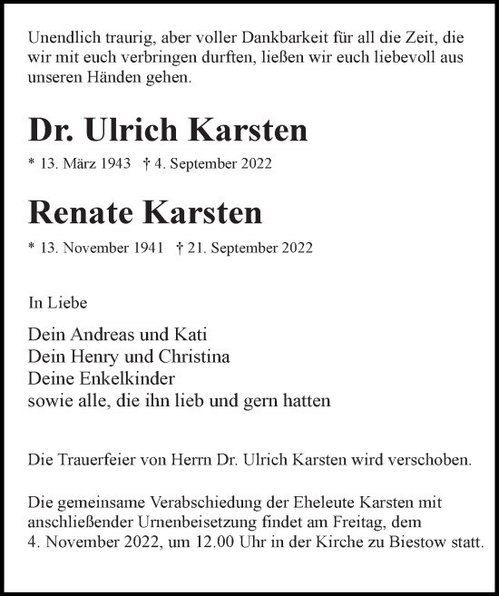 Traueranzeige von Renate Karsten von Ostsee-Zeitung GmbH