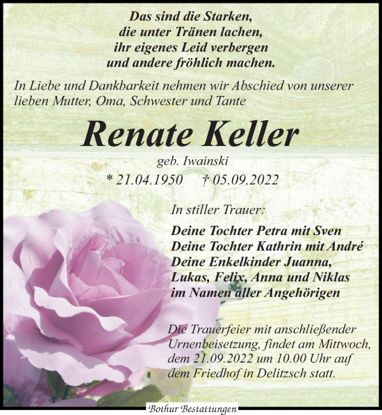 Traueranzeige von Renate Keller von Leipziger Volkszeitung