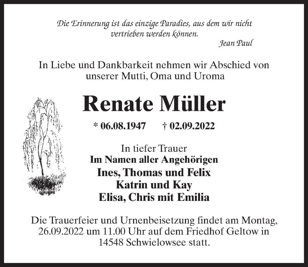  Traueranzeige für Renate Müller vom 17.09.2022 aus Märkischen Allgemeine Zeitung