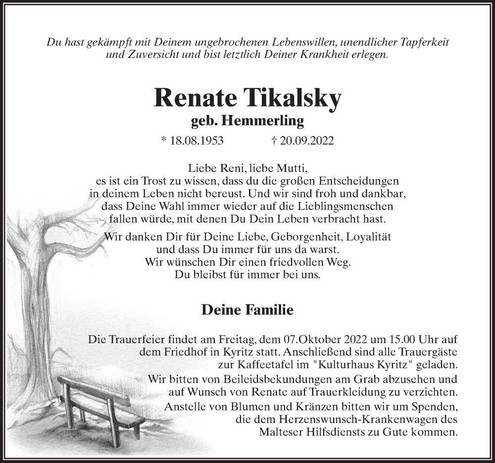  Traueranzeige für Renate Tikalsky vom 28.09.2022 aus Märkischen Allgemeine Zeitung