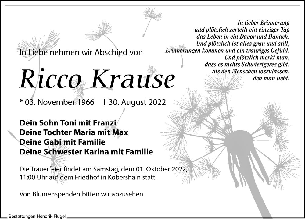  Traueranzeige für Ricco Krause vom 17.09.2022 aus Leipziger Volkszeitung