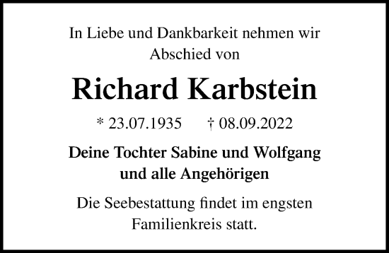 Traueranzeige von Richard Karbstein von Lübecker Nachrichten