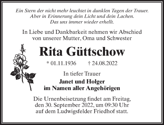 Traueranzeige von Rita Güttschow von Märkischen Allgemeine Zeitung