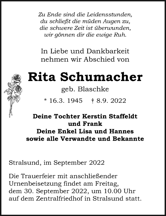 Traueranzeige von Rita Schumacher von Ostsee-Zeitung GmbH