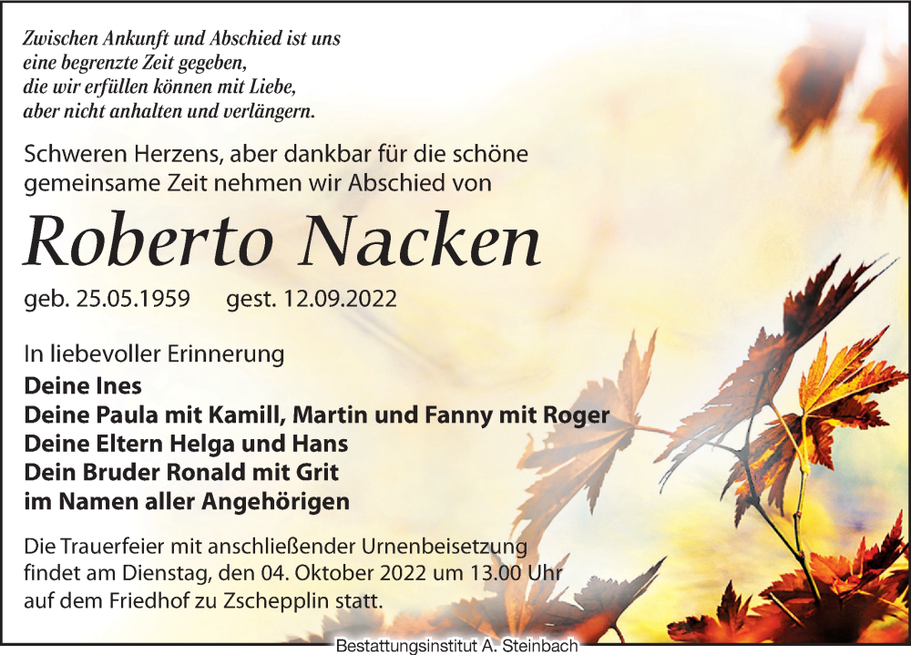  Traueranzeige für Roberto Nacken vom 17.09.2022 aus Leipziger Volkszeitung