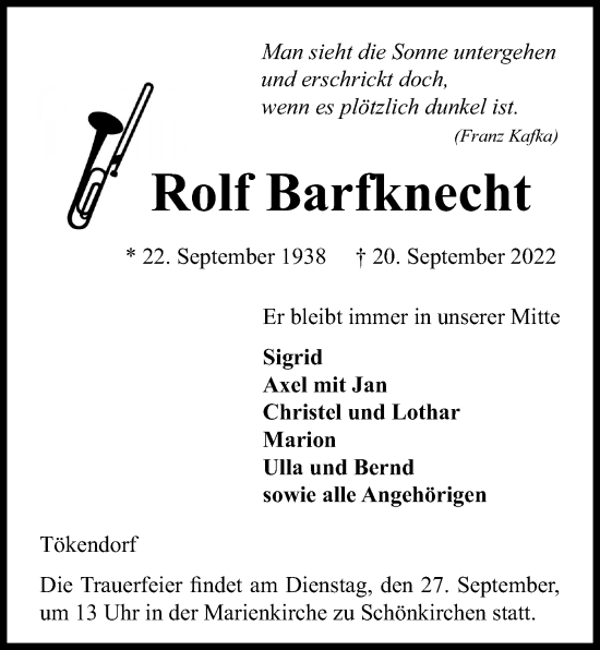 Traueranzeige von Rolf Bartknecht von Kieler Nachrichten