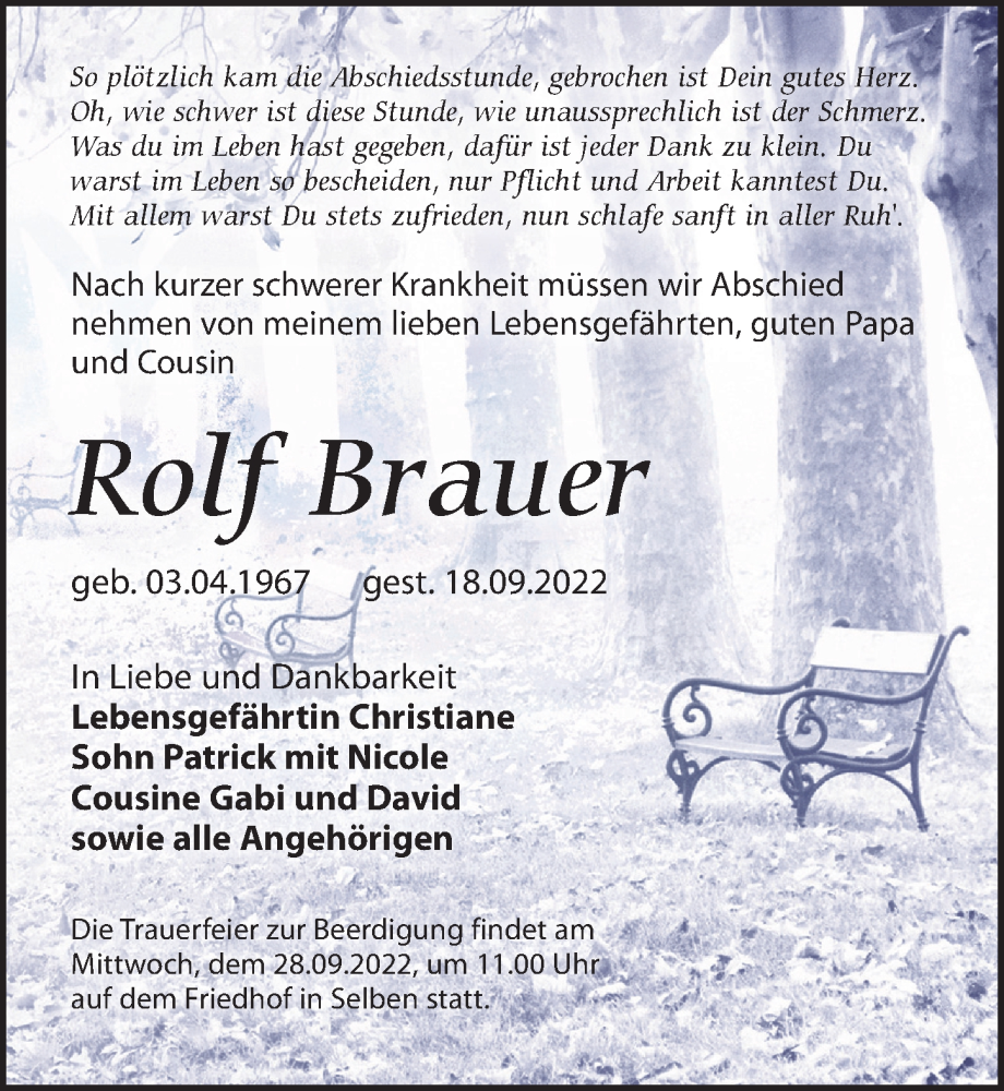  Traueranzeige für Rolf Brauer vom 24.09.2022 aus Leipziger Volkszeitung