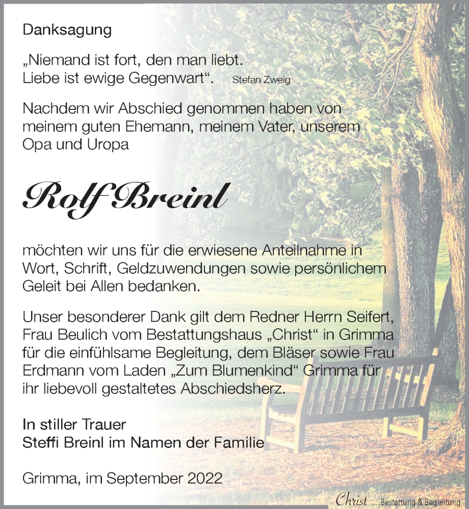  Traueranzeige für Rolf Breinl vom 03.09.2022 aus Leipziger Volkszeitung