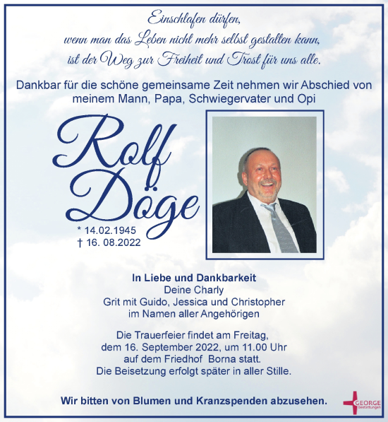 Traueranzeige von Rolf Döge von Leipziger Volkszeitung