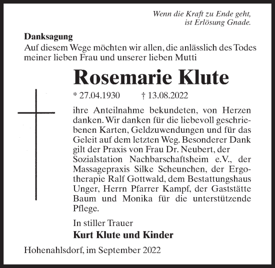 Traueranzeige von Rosemarie Klute von Märkischen Allgemeine Zeitung