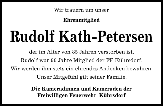 Traueranzeige von Rudolf Kath-Petersen von Kieler Nachrichten