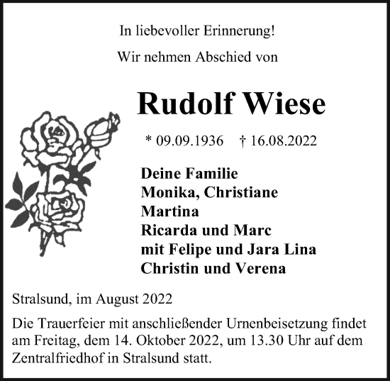 Traueranzeige von Rudolf Wiese von Ostsee-Zeitung GmbH