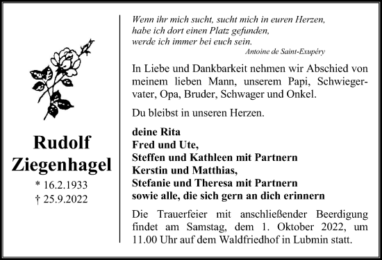 Traueranzeige von Rudolf Ziegenhagel von Ostsee-Zeitung GmbH
