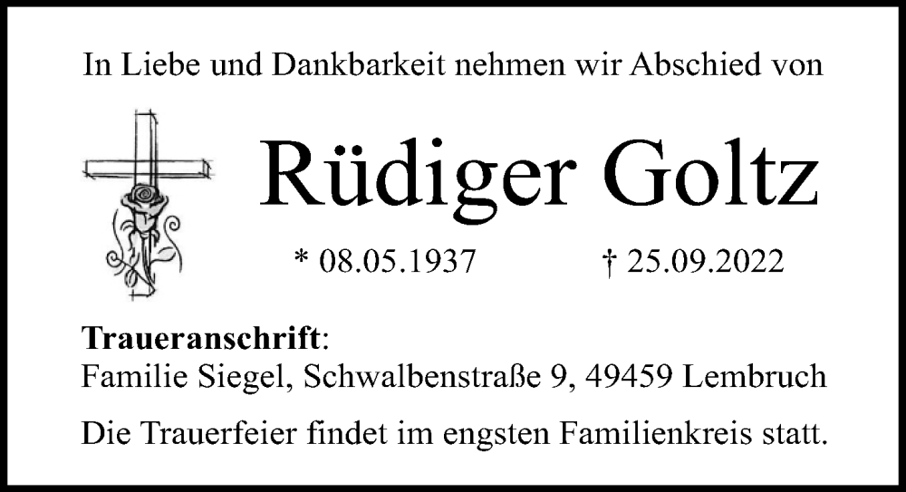  Traueranzeige für Rüdiger Goltz vom 28.09.2022 aus Hannoversche Allgemeine Zeitung/Neue Presse