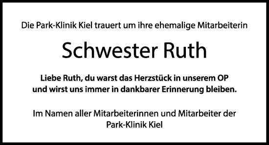 Traueranzeige von Ruth  von Kieler Nachrichten