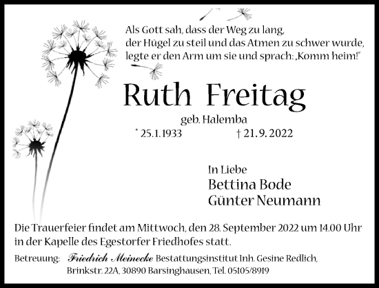 Traueranzeige von Ruth Freitag von Hannoversche Allgemeine Zeitung/Neue Presse