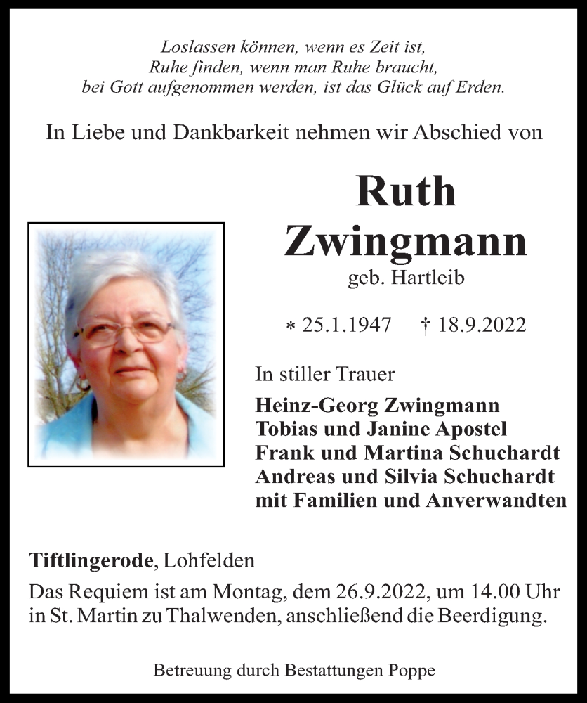  Traueranzeige für Ruth Zwingmann vom 23.09.2022 aus Eichsfelder Tageblatt