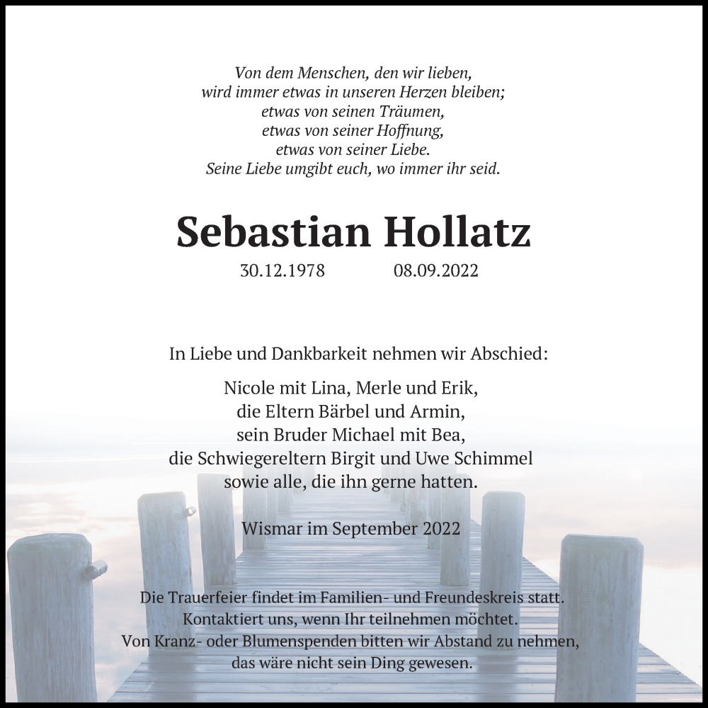  Traueranzeige für Sebastian Hollatz vom 24.09.2022 aus Ostsee-Zeitung GmbH