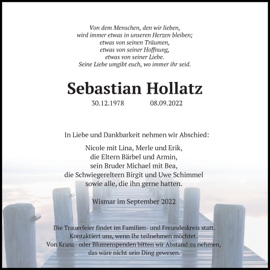 Traueranzeige von Sebastian Hollatz von Ostsee-Zeitung GmbH