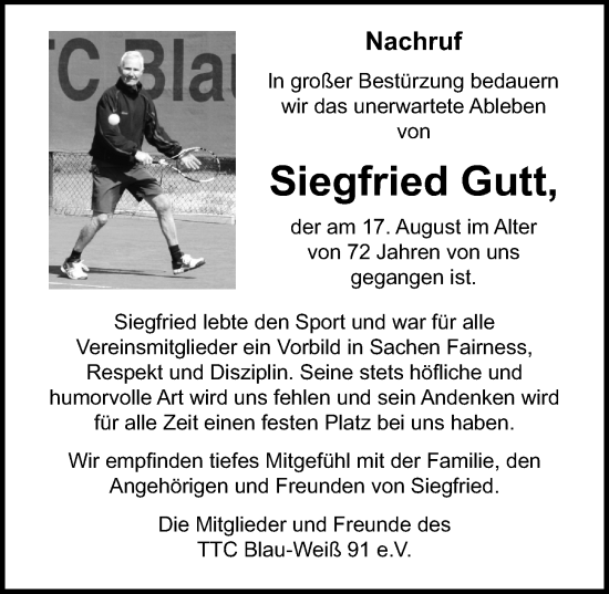 Traueranzeige von Siegfried Gutt von Märkischen Allgemeine Zeitung